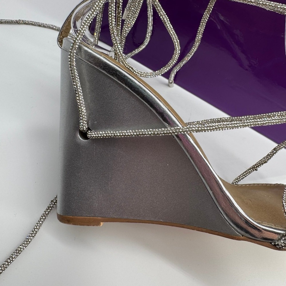 Fashion Nova Twila Silver Metallic Rhinestone Wrap Up Wedge Heels Size 9 - Picture 11 of 12